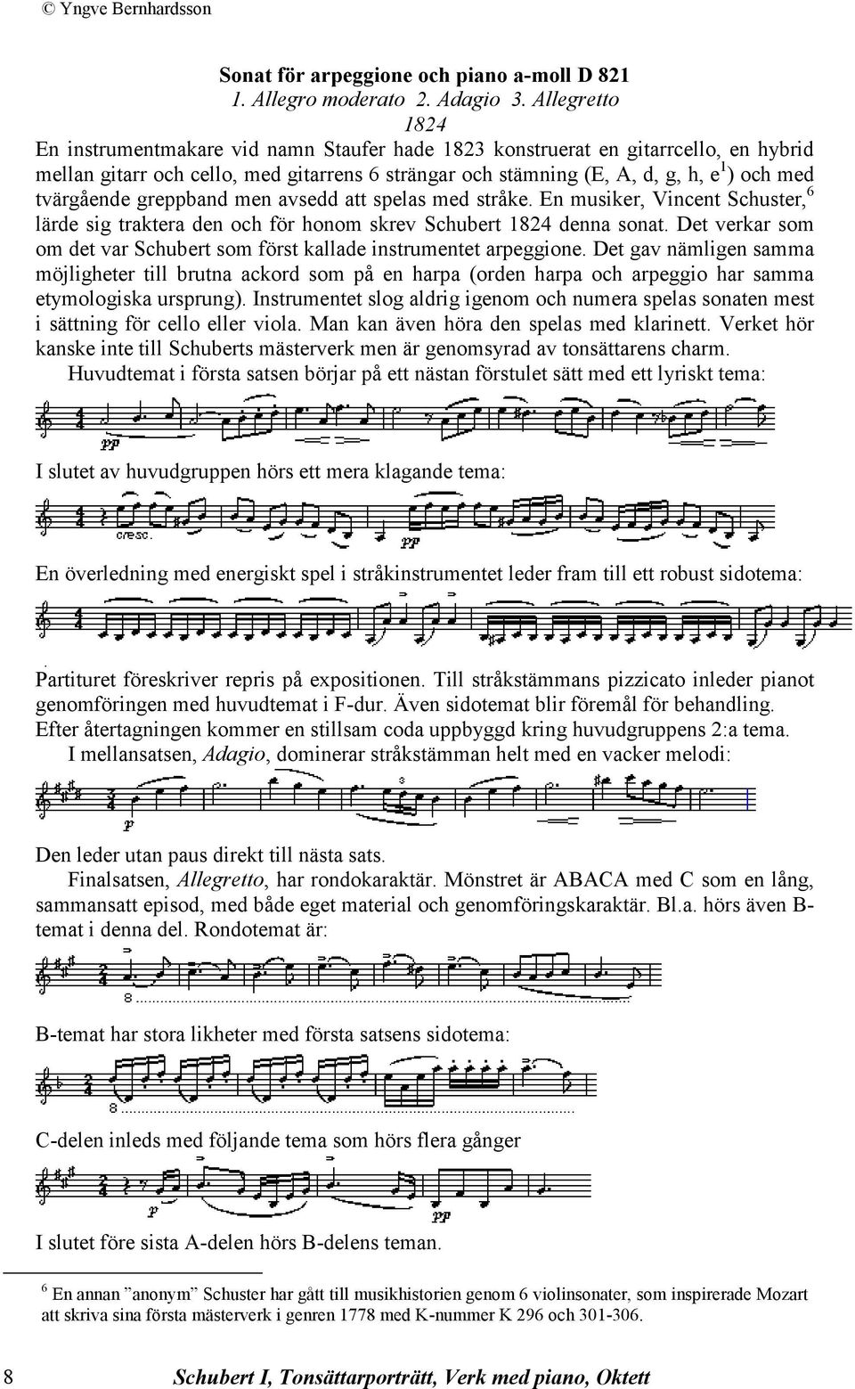 tvärgående greppband men avsedd att spelas med stråke. En musiker, Vincent Schuster, 6 lärde sig traktera den och för honom skrev Schubert 1824 denna sonat.