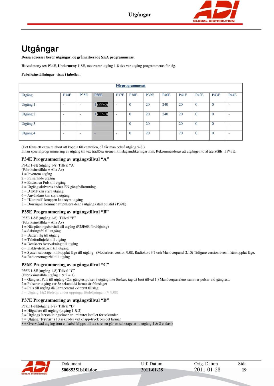 Förprogrammerat Utgång P34E P35E P36E P37E P38E P39E P40E P41E P42E P43E P44E Utgång 1 - - 1 (FP=0) - 0 20 240 20 0 0 - Utgång 2 - - 1 (FP=0) - 0 20 240 20 0 0 - Utgång 3 - - - - 0 20 20 0 0 - Utgång