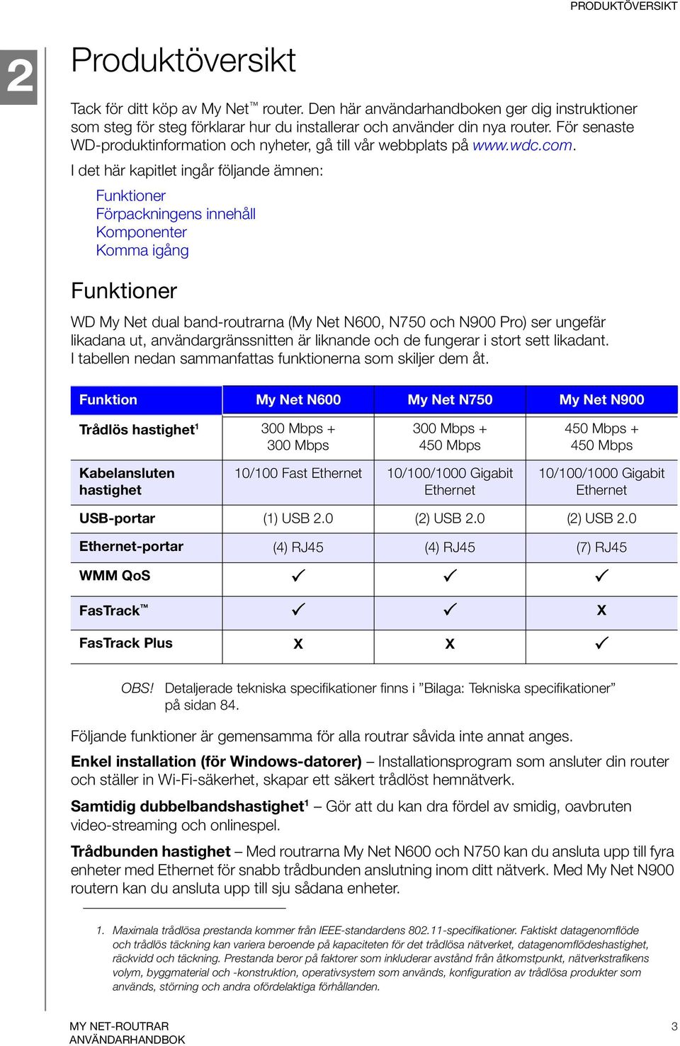 I det här kapitlet ingår följande ämnen: Funktioner Förpackningens innehåll Komponenter Komma igång Funktioner WD My Net dual band-routrarna (My Net N600, N750 och N900 Pro) ser ungefär likadana ut,