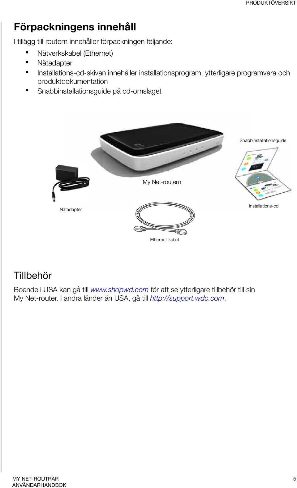 Snabbinstallationsguide på cd-omslaget Snabbinstallationsguide My Net-routern Nätadapter Installations-cd Ethernet-kabel Tillbehör