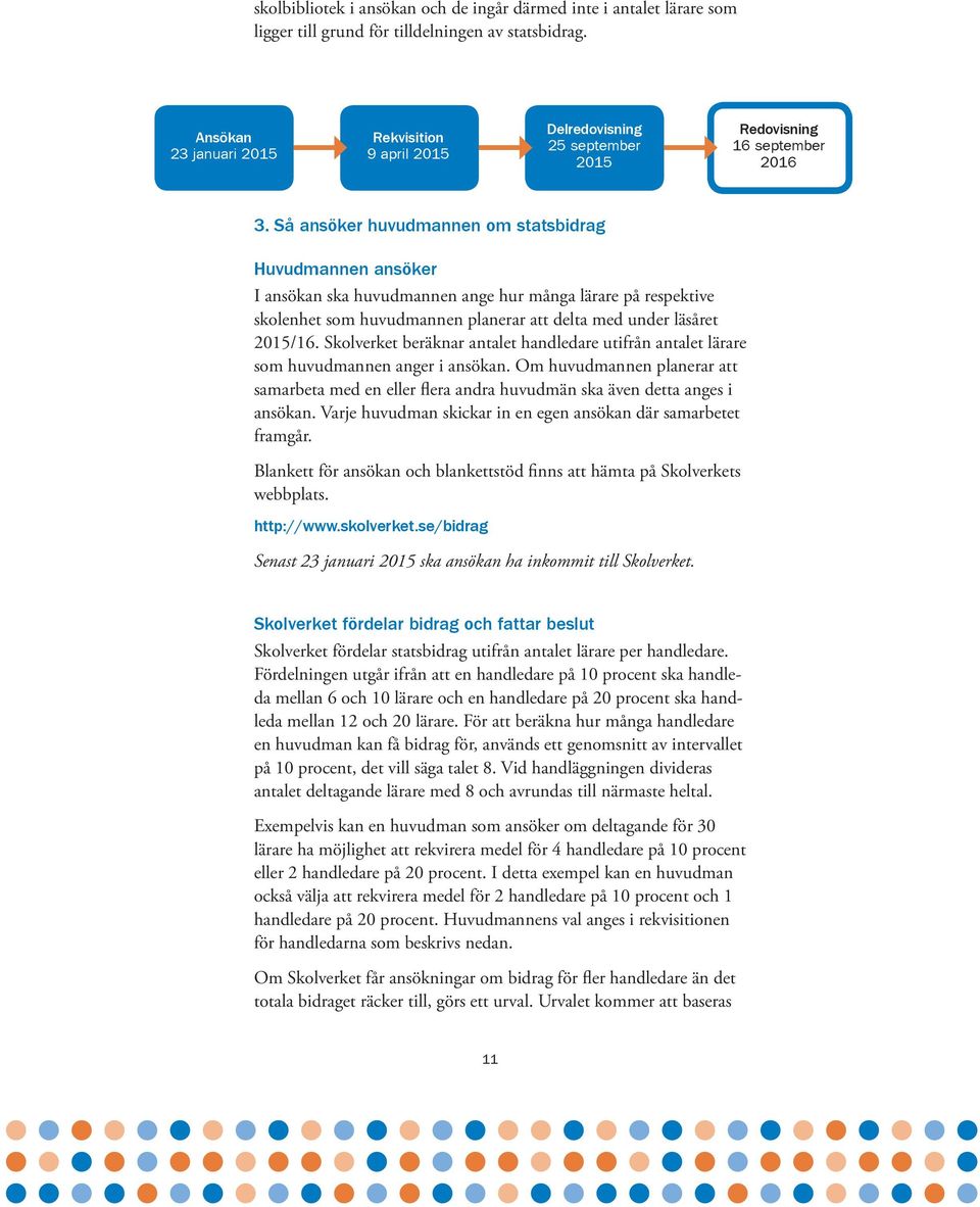 Så ansöker huvudmannen om statsbidrag Huvudmannen ansöker I ansökan ska huvudmannen ange hur många lärare på respektive skolenhet som huvudmannen planerar att delta med under läsåret 2015/16.