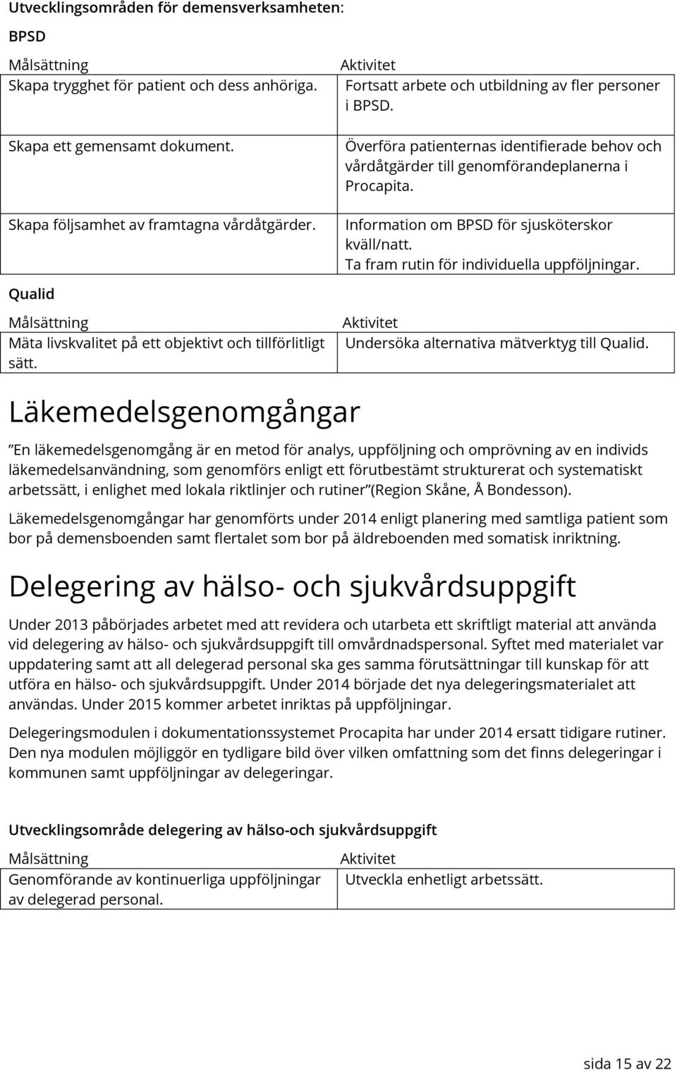 Information om BPSD för sjusköterskor kväll/natt. Ta fram rutin för individuella uppföljningar. Qualid Målsättning Mäta livskvalitet på ett objektivt och tillförlitligt sätt.