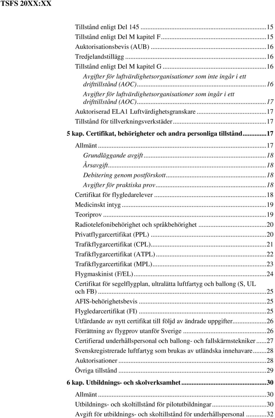 .. 17 Auktoriserad ELA1 Luftvärdighetsgranskare... 17 Tillstånd för tillverkningsverkstäder... 17 5 kap. Certifikat, behörigheter och andra personliga tillstånd... 17 Allmänt... 17 Grundläggande avgift.