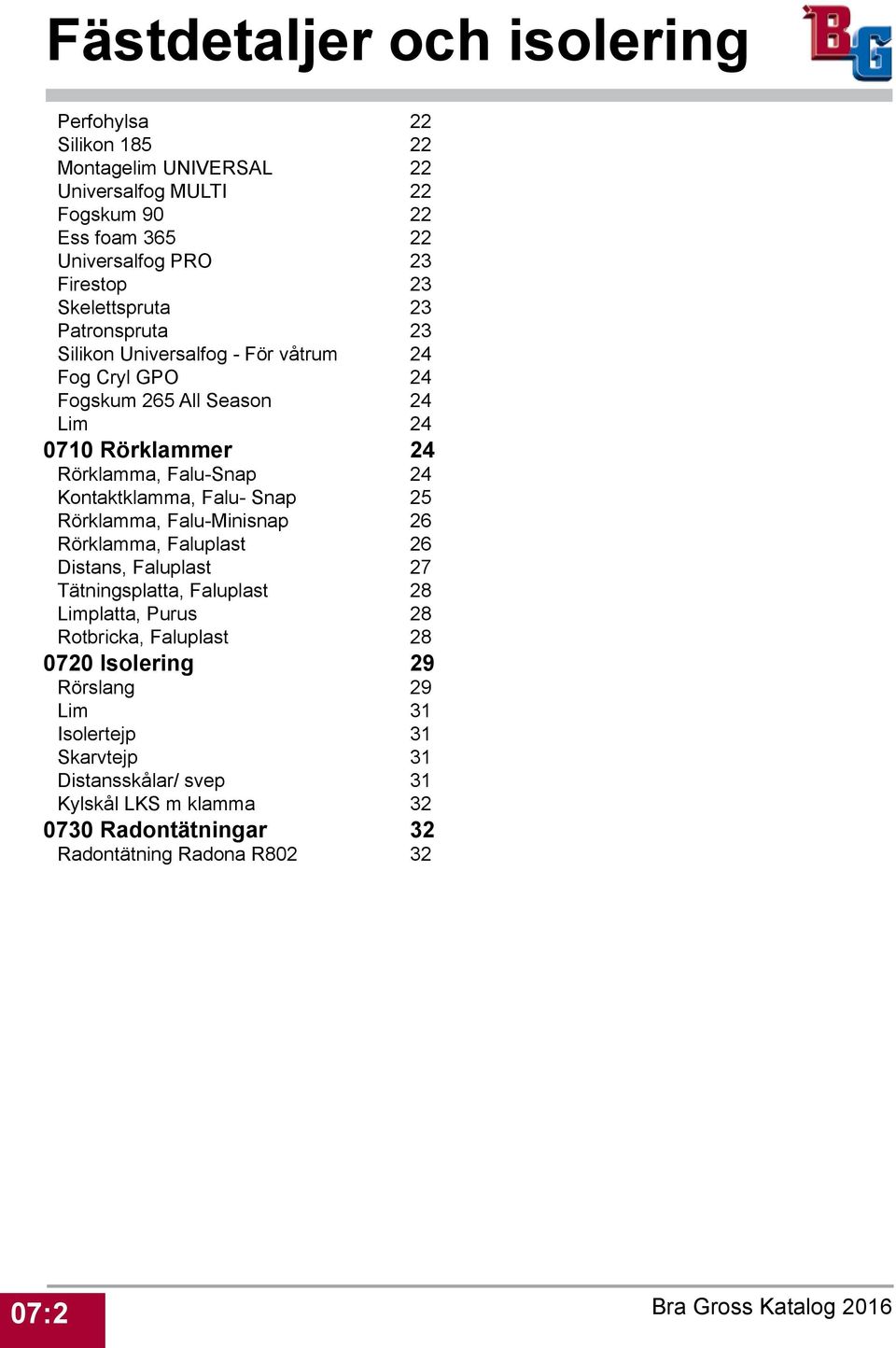 Falu- Snap 25 Rörklamma, Falu-Minisnap 26 Rörklamma, Faluplast 26 Distans, Faluplast 27 Tätningsplatta, Faluplast 28 Limplatta, Purus 28 Rotbricka, Faluplast