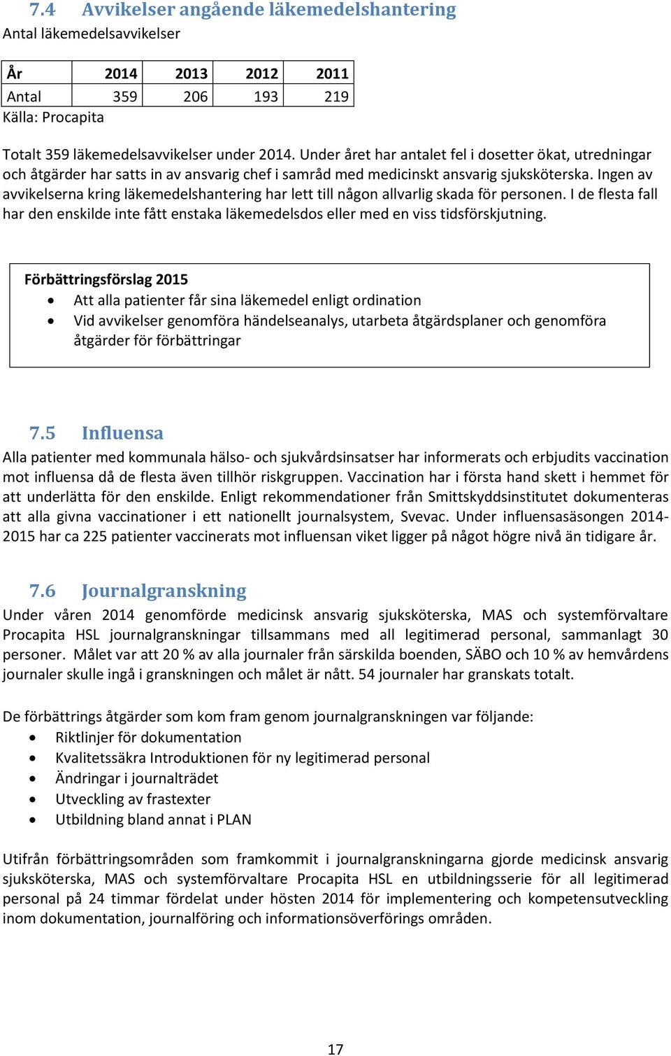 Ingen av avvikelserna kring läkemedelshantering har lett till någon allvarlig skada för personen. I de flesta fall har den enskilde inte fått enstaka läkemedelsdos eller med en viss tidsförskjutning.