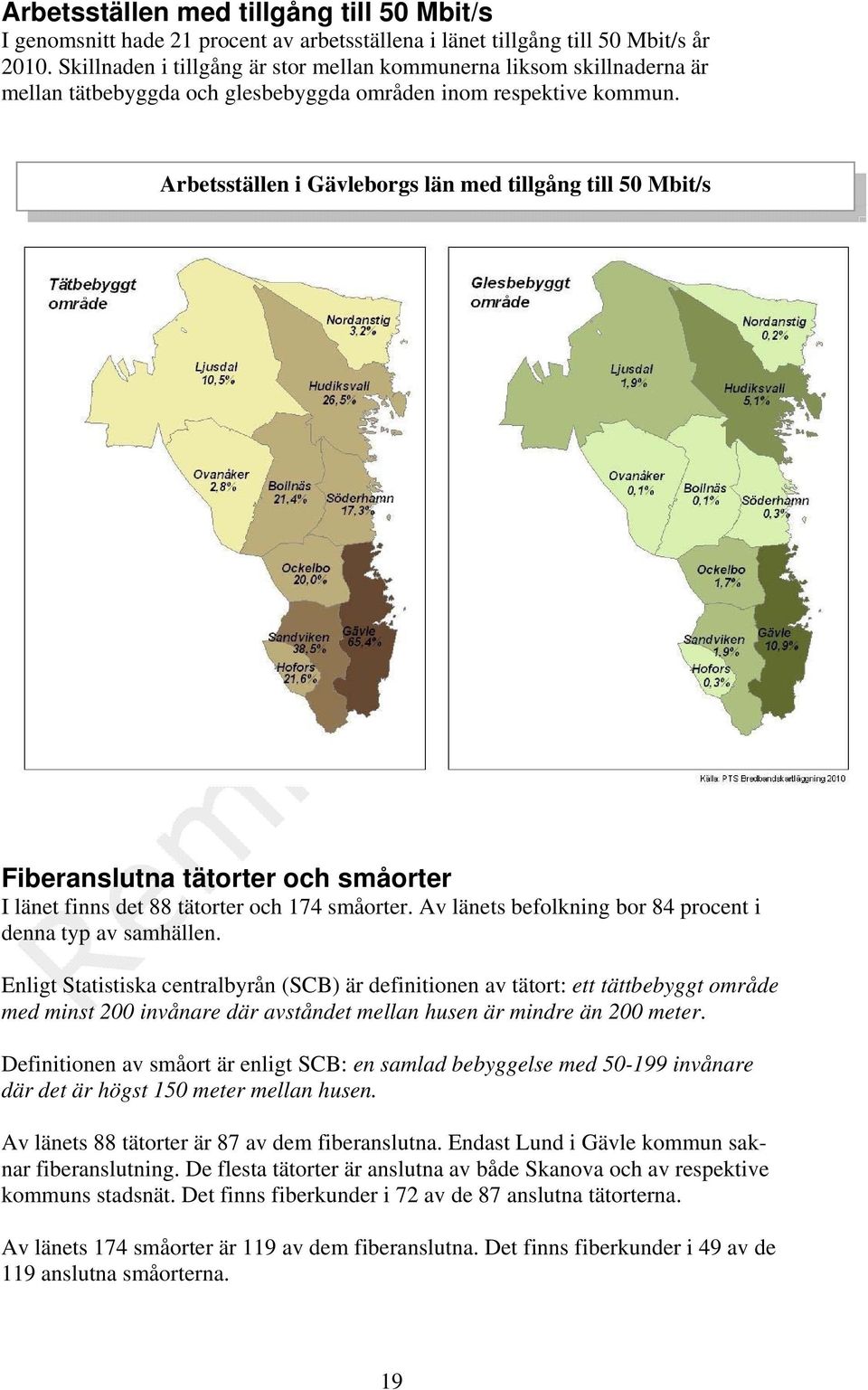 Arbetsställen i Gävleborgs län med gång 50 Mbit/s anslutna tätorter och småorter I länet finns det 88 tätorter och 174 småorter. Av länets befolkning bor 84 procent i denna typ av samhällen.