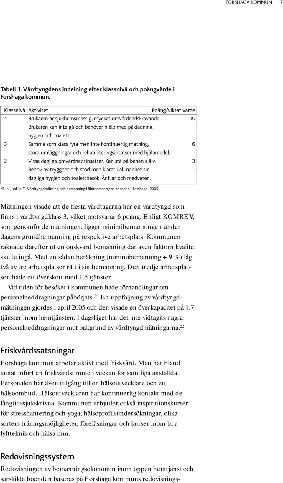 2 Vissa dagliga omvårdnadsinsatser. Kan stå på benen själv. 3 1 Behov av trygghet och stöd men klarar i allmänhet sin 1 dagliga hygien och toalettbesök. Är klar och medveten. Källa: Junkka, T.