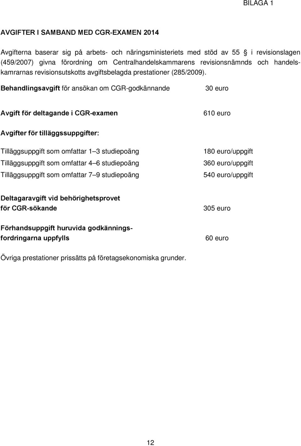 Behandlingsavgift för ansökan om CGR-godkännande 30 euro Avgift för deltagande i CGR-examen 610 euro Avgifter för tilläggssuppgifter: Tilläggsuppgift som omfattar 1 3 studiepoäng Tilläggsuppgift som