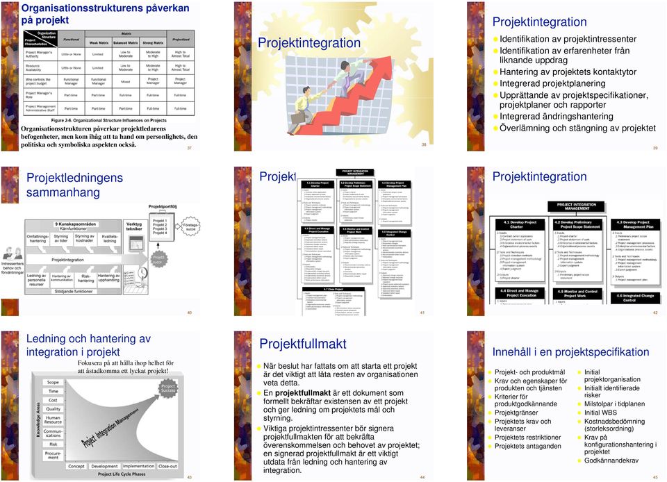 projektplaner och rapporter Integrerad ändringshantering Överlämning och stängning av projektet 39 Projektledningens sammanhang 40 41 42 Ledning och hantering av integration i projekt Fokusera på att