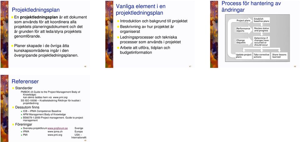 Vanliga element i en projektledningsplan Introduktion och bakgrund till projektet Beskrivning av hur projektet är organiserat Ledningsprocesser och tekniska processer som används i projektet Arbete
