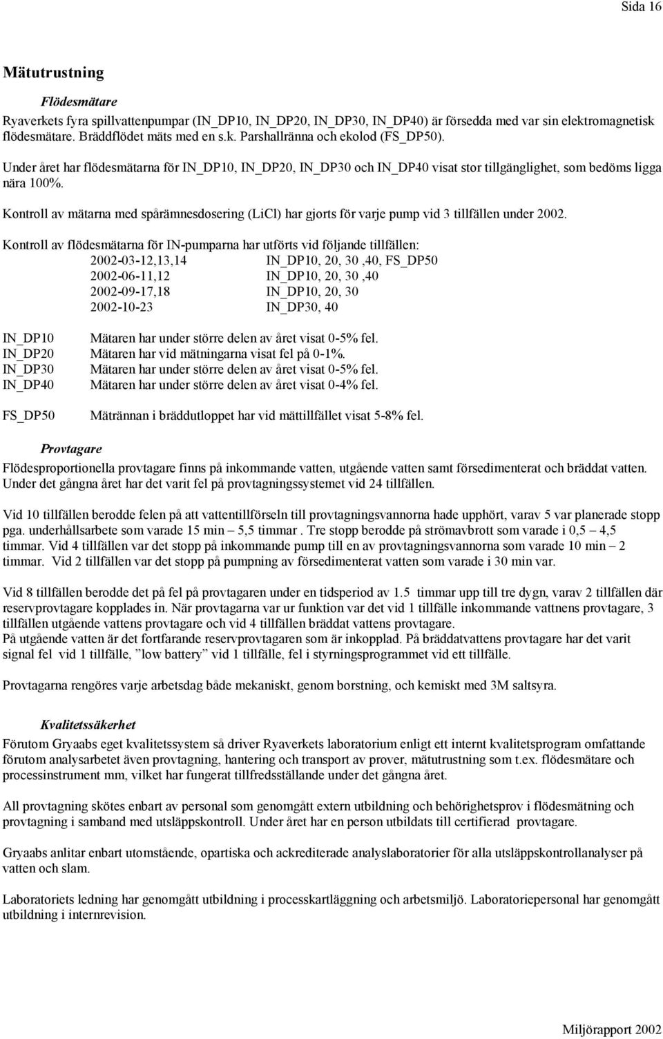 Kontroll av mätarna med spårämnesdosering (LiCl) har gjorts för varje pump vid 3 tillfällen under 2002.