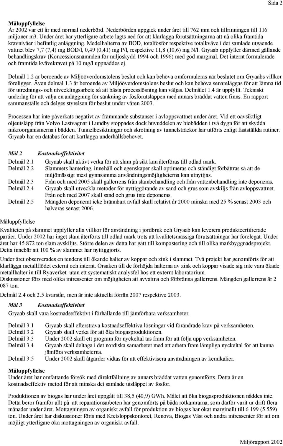 Medelhalterna av BOD, totalfosfor respektive totalkväve i det samlade utgående vattnet blev 7,7 (7,4) mg BOD/l, 0,49 (0,41) mg P/l, respektive 11,8 (10,6) mg N/l.