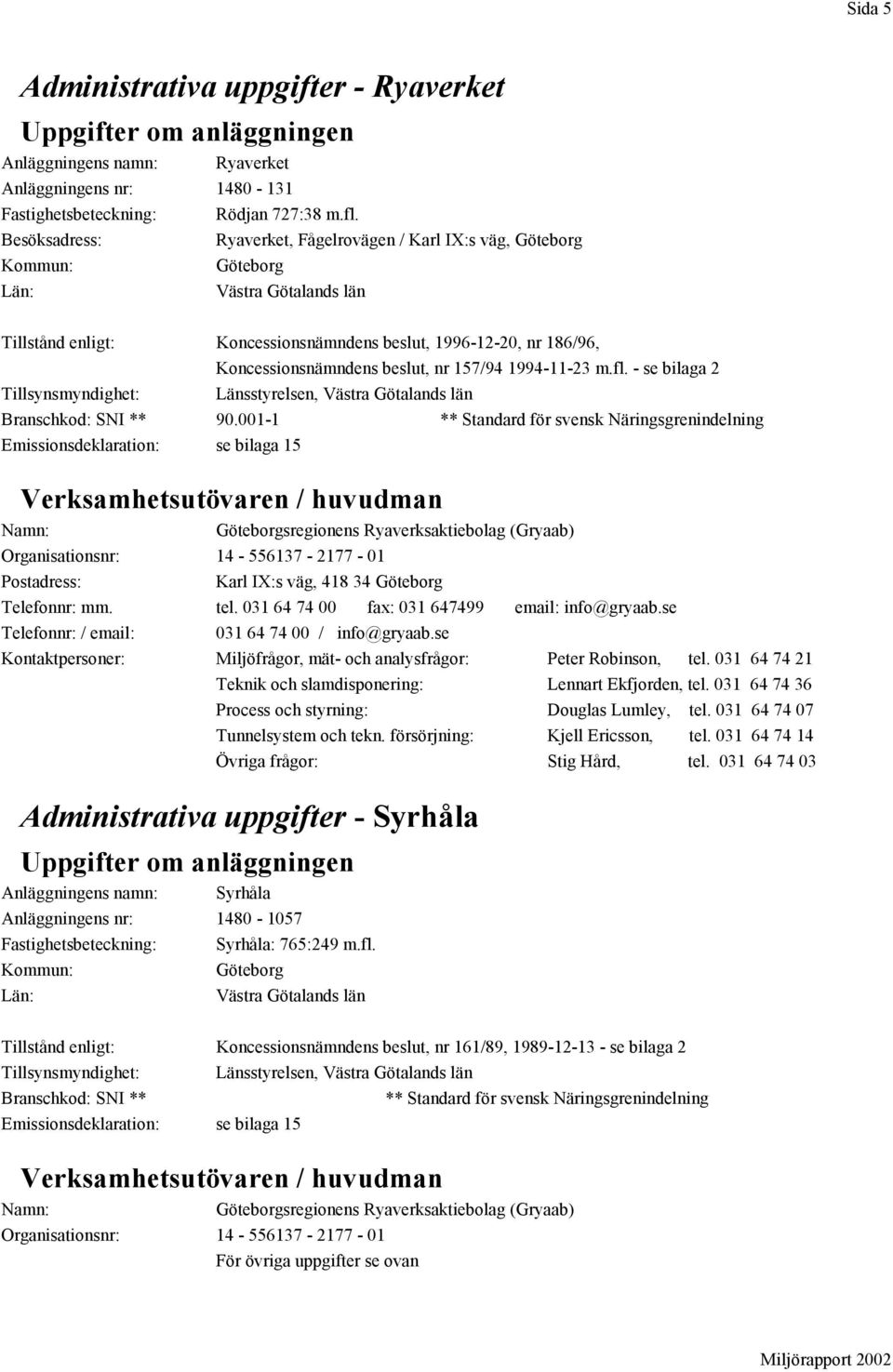 beslut, nr 157/94 1994-11-23 m.fl. - se bilaga 2 Tillsynsmyndighet: Länsstyrelsen, Västra Götalands län Branschkod: SNI ** 90.