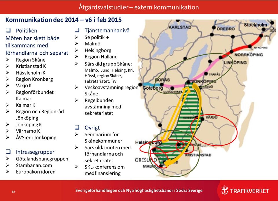 com Europakorridoren Åtgärdsvalstudier extern kommunikation Tjänstemannanivå Se politik + Malmö Helsingborg Region Halland Särskild grupp Skåne: Malmö, Lund, Helsing, Kri, Hässl,