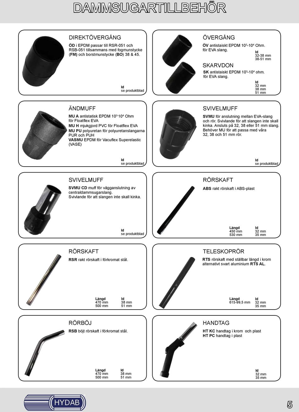 32 mm 38 mm 51 mm ÄNDMUFF MU A antistatisk EPDM 10 3-10 4 Ohm för Floatflex EVA MU H mjukgjord PVC för Floatflex EVA MU PU polyuretan för polyuretanslangarna PU och PUH VASMU EPDM för Vacuflex