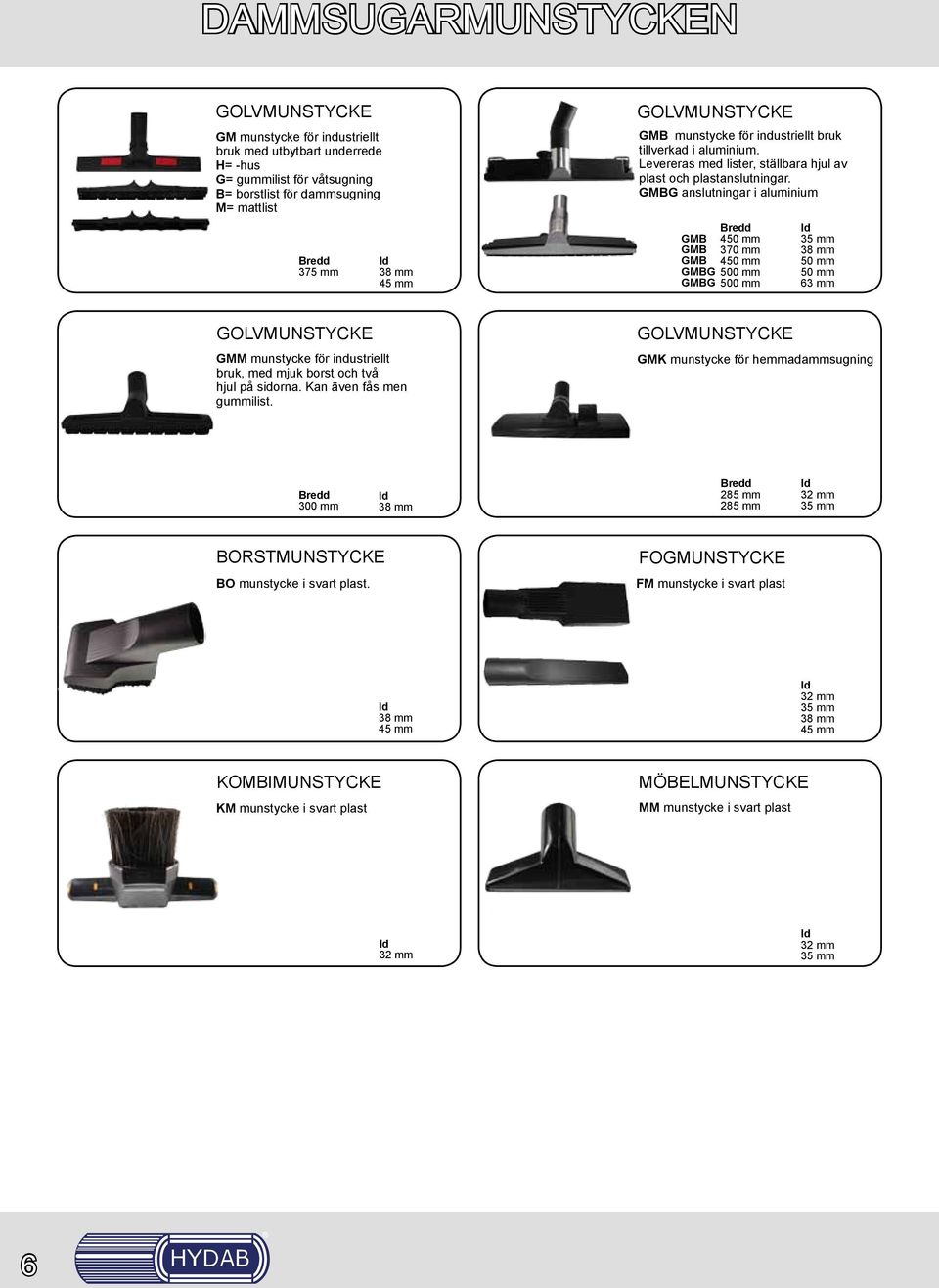 GMBG anslutningar i aluminium Bredd GMB 450 mm GMB 370 mm GMB 450 mm GMBG 500 mm GMBG 500 mm 35 mm 38 mm 50 mm 50 mm 63 mm GOLVMUNSTYCKE GMM munstycke för industriellt bruk, med mjuk borst och två