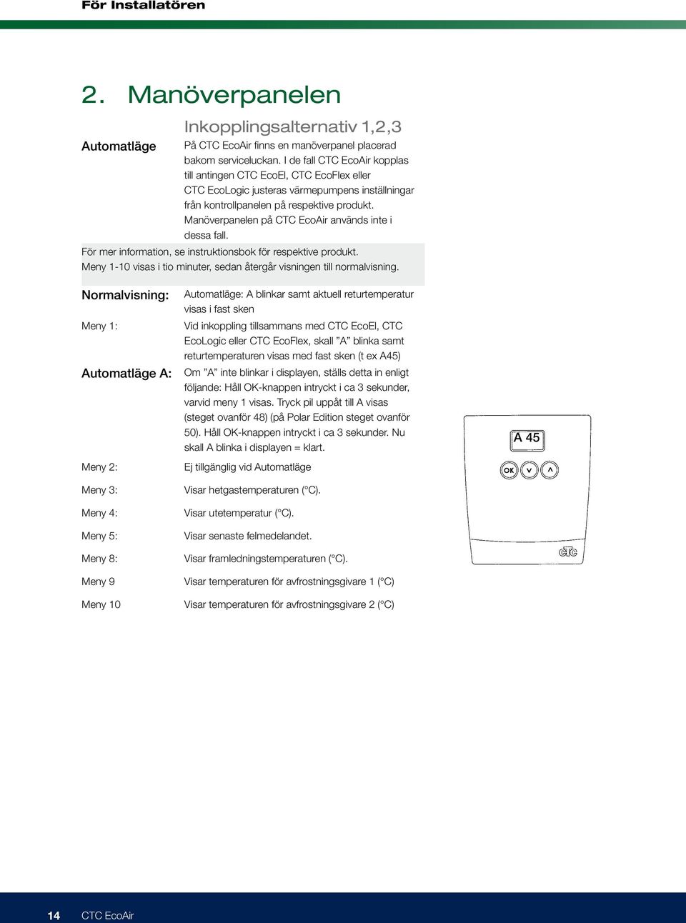 Manöverpanelen på CTC EcoAir används inte i dessa fall. För mer information, se instruktionsbok för respektive produkt. Meny 1-10 visas i tio minuter, sedan återgår visningen till normalvisning.