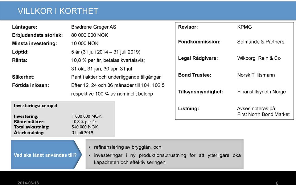 Ränteintäkter: 10,8 % per år Total avkastning: 540 000 NOK Återbetalning: 31 juli 2019 respektive 100 % av nominellt belopp Revisor: KPMG Fondkommission: Legal Rådgivare: Solmunde & Partners Wikborg,