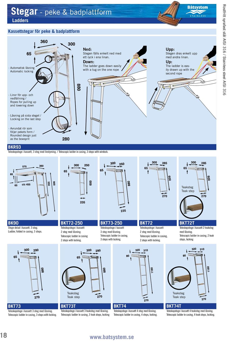 Up: The ladder is easily drawn up with the second rope Låsning på sista steget / Locking on the last step Avrundat rör som följer pekets form / Rounded design just as the bowsprit 280 BKR93