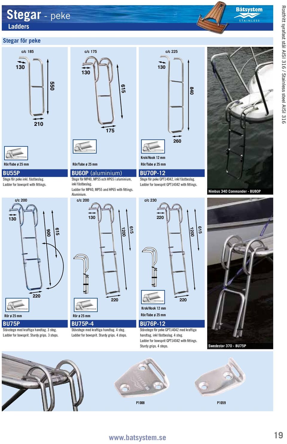 c/c 200 c/c 200 c/c 230 Krok/Hook 12 mm BU70P12 Stege för peke GPT14042, inkl fästbeslag. Ladder for bowsprit GPT14042 with fittings.