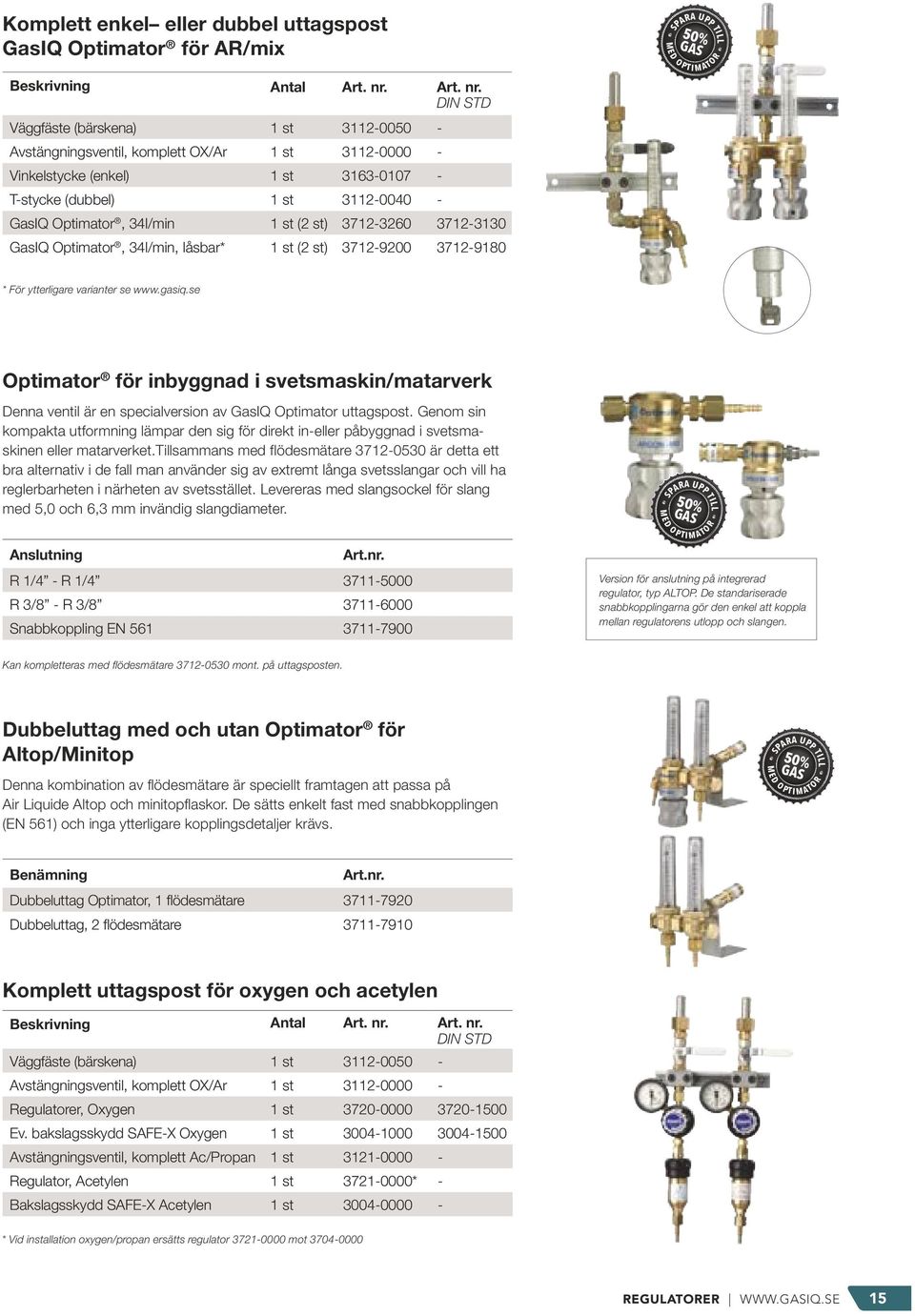 st (2 st) 3712-9200 3712-9180 * För ytterligare varianter se www.gasiq.se Optimator för inbyggnad i svetsmaskin/matarverk Denna ventil är en specialversion av GasIQ Optimator uttagspost.