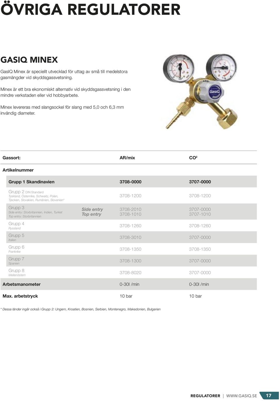 Gassort: AR/mix CO 2 Artikelnummer Grupp 1 Skandinavien 3708-0000 3707-0000 Grupp 2 DIN Standard Tyskland, Österrrike, Schweitz, Polen, Tjeckien, Slovakien, Rumänien, Slovenien* Grupp 3 Side entry: