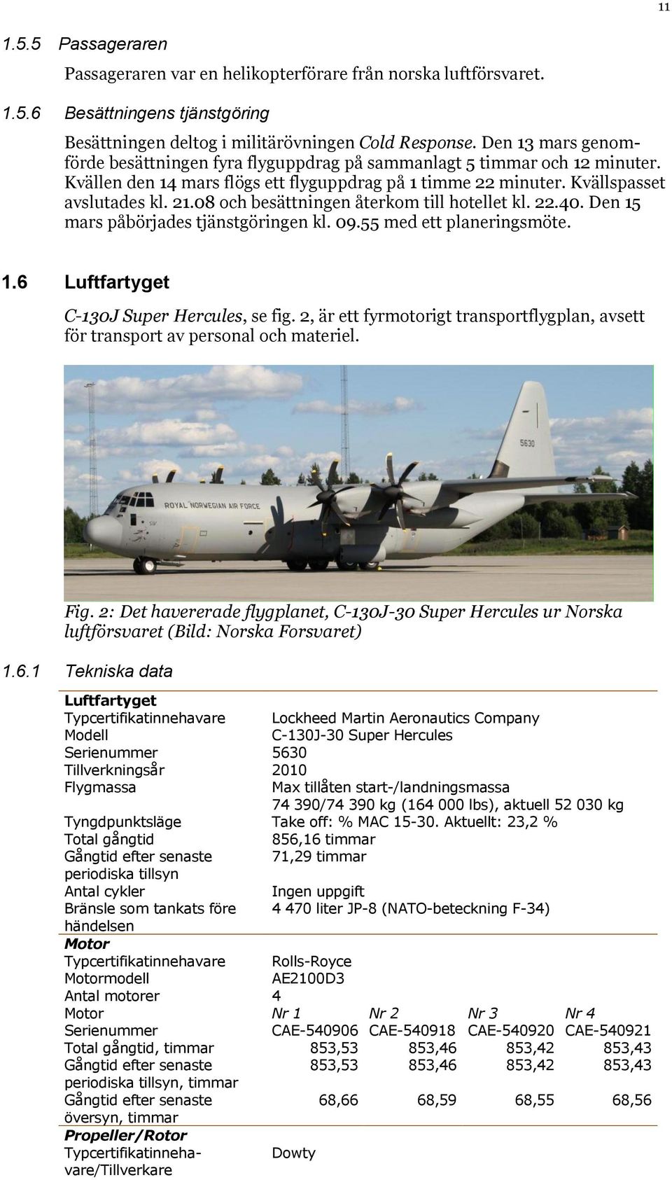 08 och besättningen återkom till hotellet kl. 22.40. Den 15 mars påbörjades tjänstgöringen kl. 09.55 med ett planeringsmöte. 1.6 Luftfartyget C-130J Super Hercules, se fig.