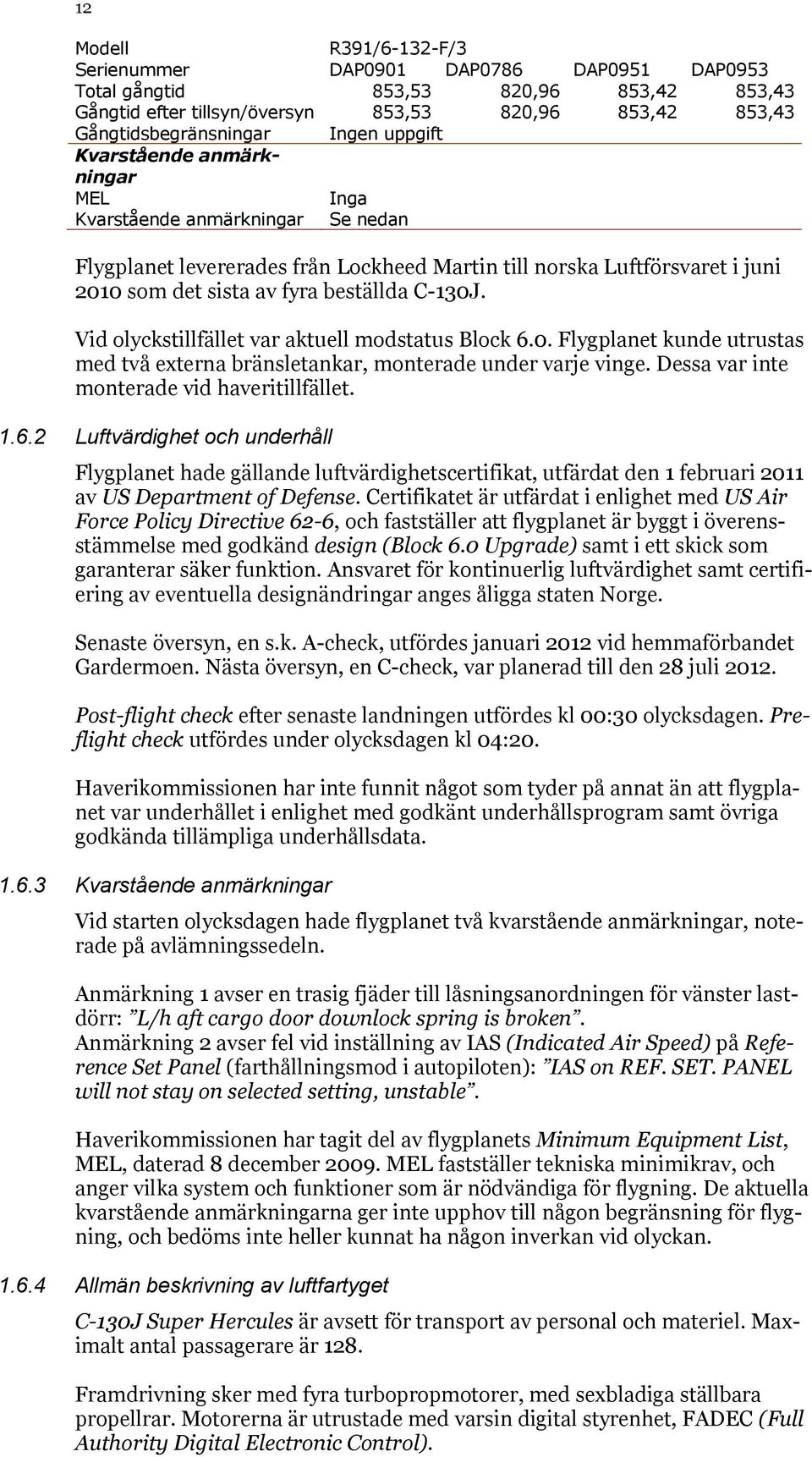 Vid olyckstillfället var aktuell modstatus Block 6.0. Flygplanet kunde utrustas med två externa bränsletankar, monterade under varje vinge. Dessa var inte monterade vid haveritillfället. 1.6.2 Luftvärdighet och underhåll Flygplanet hade gällande luftvärdighetscertifikat, utfärdat den 1 februari 2011 av US Department of Defense.