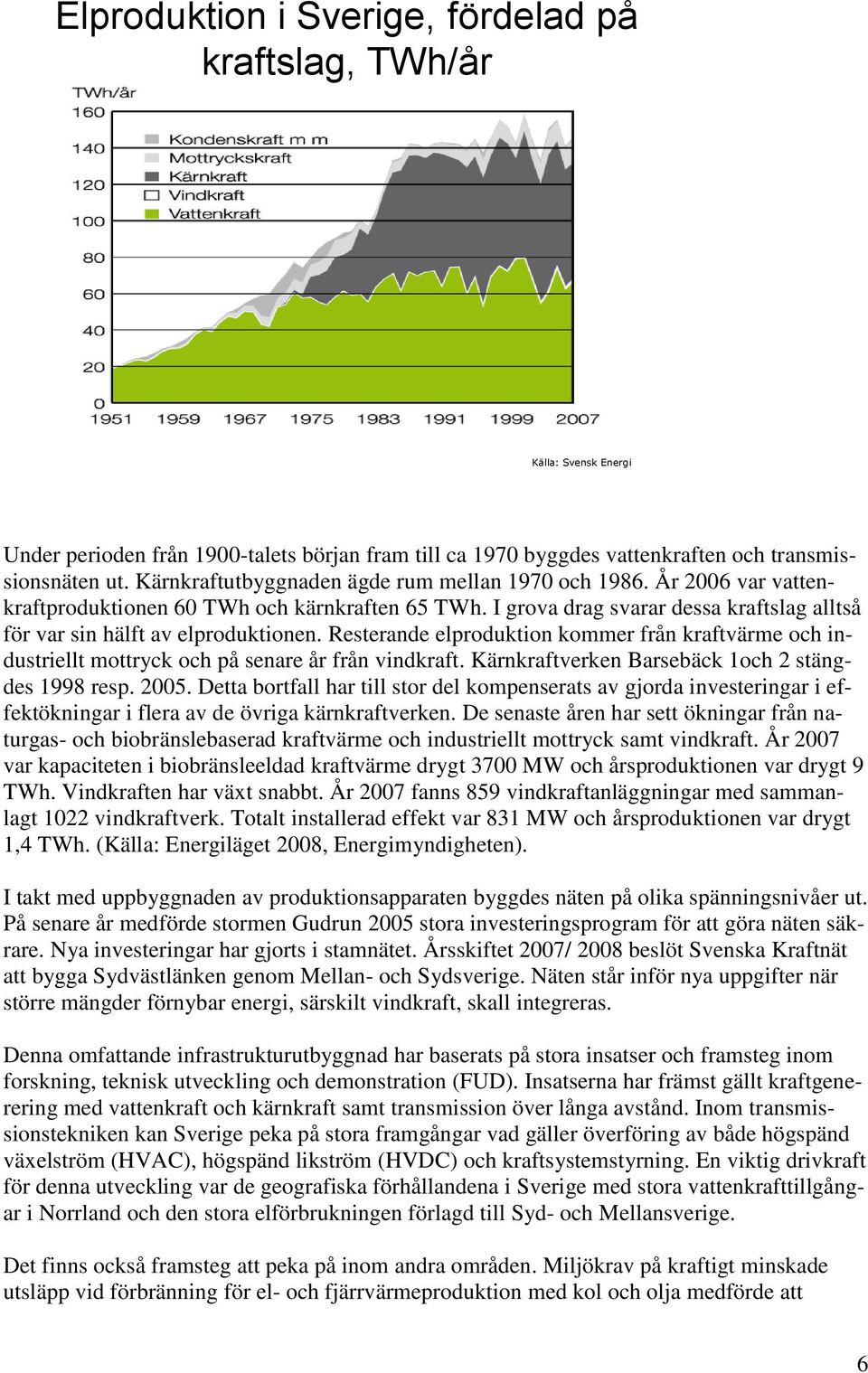 Resterande elproduktion kommer från kraftvärme och industriellt mottryck och på senare år från vindkraft. Kärnkraftverken Barsebäck 1och 2 stängdes 1998 resp. 2005.