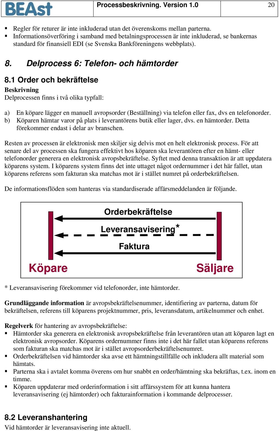 1 Order och bekräftelse Beskrivning Delprocessen finns i två olika typfall: a) En köpare lägger en manuell avropsorder (Beställning) via telefon eller fax, dvs en telefonorder.