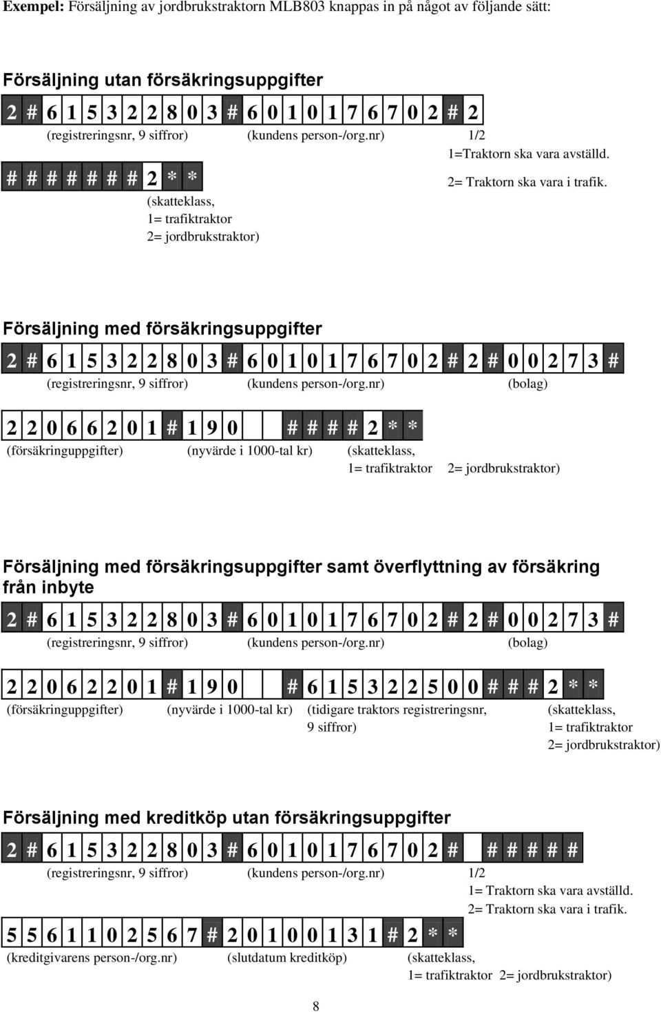 (skatteklass, 1= trafiktraktor 2= jordbrukstraktor) Försäljning med försäkringsuppgifter 2 # 6 1 5 3 2 2 8 0 3 # 6 0 1 0 1 7 6 7 0 2 # 2 # 0 0 2 7 3 # (registreringsnr, 9 siffror) (kundens