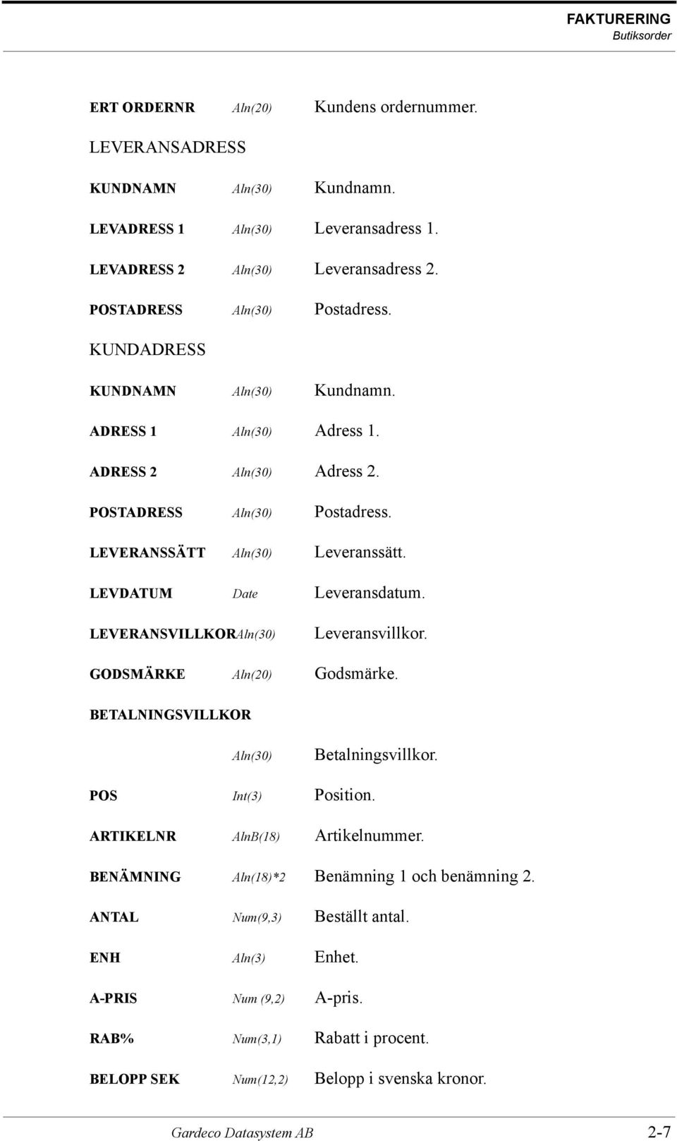 LEVDATUM Date Leveransdatum. LEVERANSVILLKORAln(30) Leveransvillkor. GODSMÄRKE Aln(20) Godsmärke. BETALNINGSVILLKOR Aln(30) Betalningsvillkor. POS Int(3) Position. ARTIKELNR AlnB(18) Artikelnummer.