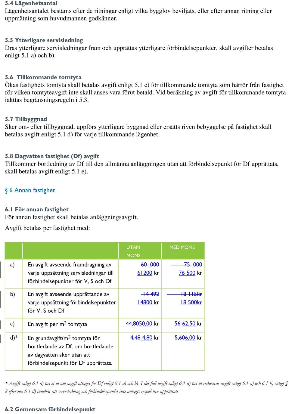 1 a) och b). 5.6 Tillkommande tomtyta Ökas fastighets tomtyta skall betalas avgift enligt 5.