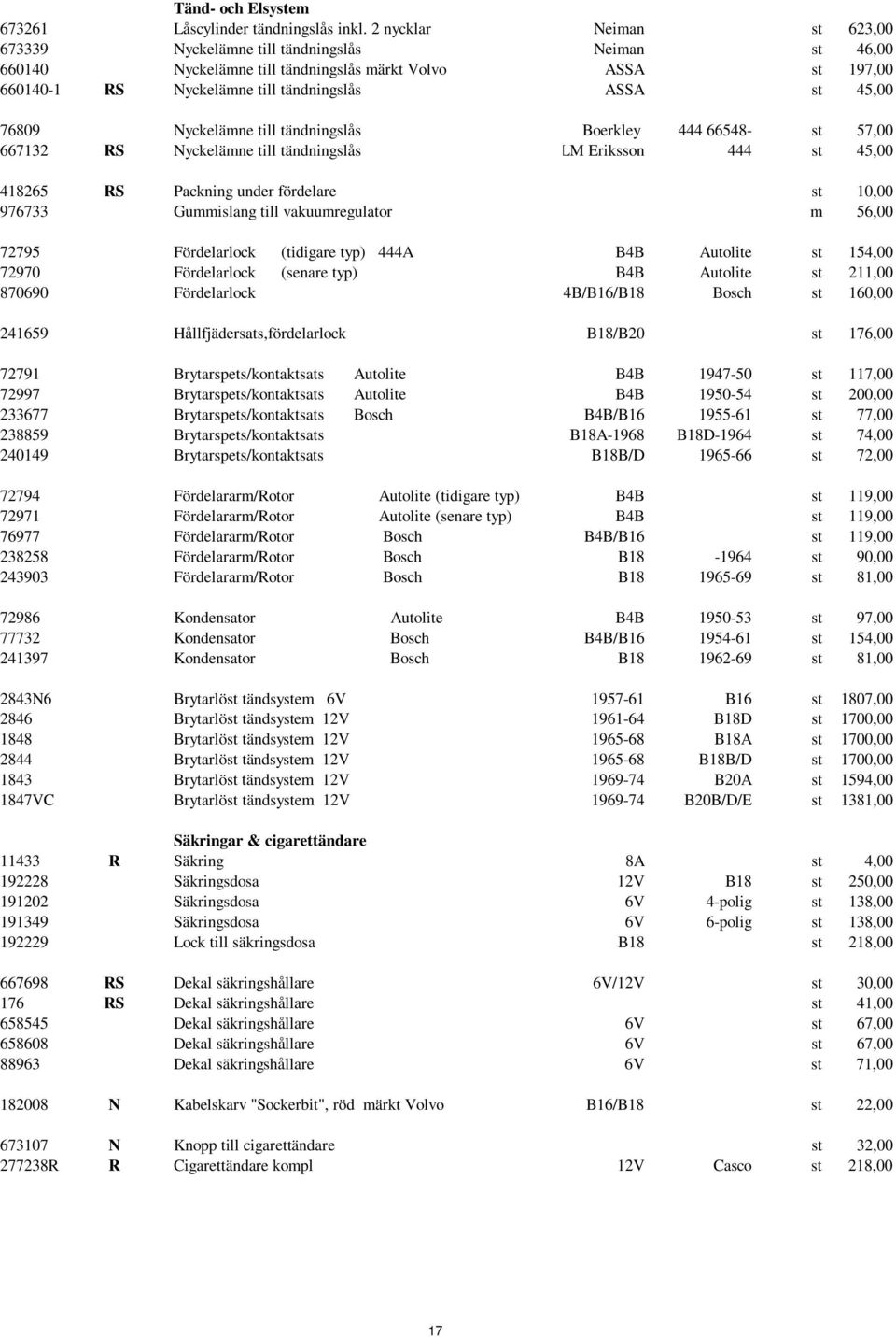 76809 Nyckelämne till tändningslås Boerkley 444 66548- st 57,00 667132 RS Nyckelämne till tändningslås LM Eriksson 444 st 45,00 418265 RS Packning under fördelare st 10,00 976733 Gummislang till