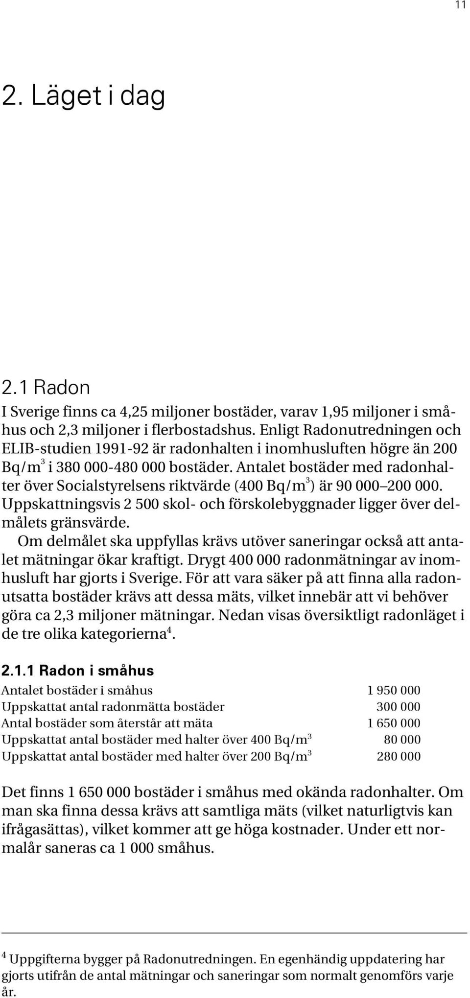 Antalet bostäder med radonhalter över Socialstyrelsens riktvärde (400 Bq/m 3 ) är 90 000 200 000. Uppskattningsvis 2 500 skol- och förskolebyggnader ligger över delmålets gränsvärde.