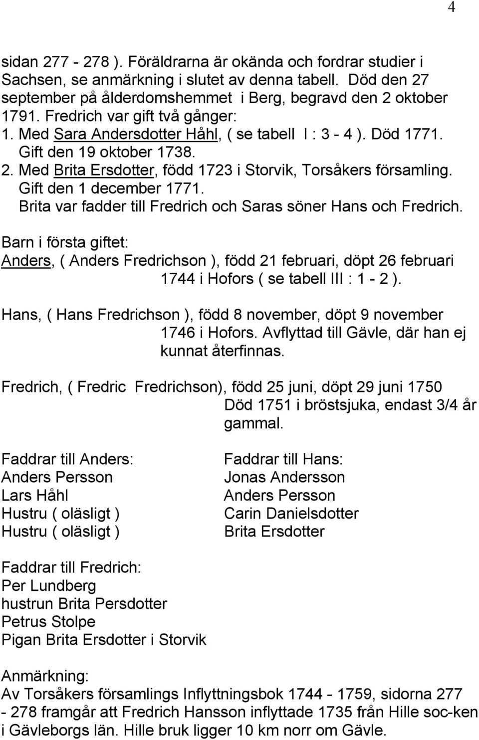 Gift den 1 december 1771. Brita var fadder till Fredrich och Saras söner Hans och Fredrich.