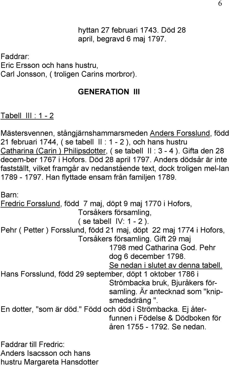 : 3-4 ). Gifta den 28 decem-ber 1767 i Hofors. Död 28 april 1797. Anders dödsår är inte fastställt, vilket framgår av nedanstående text, dock troligen mel-lan 1789-1797.