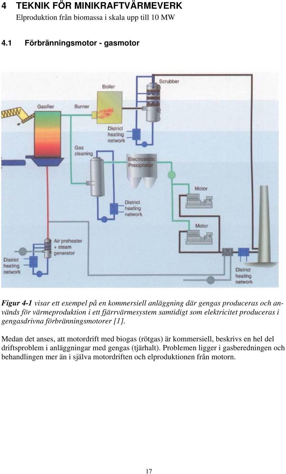 ett fjärrvärmesystem samtidigt som elektricitet produceras i gengasdrivna förbränningsmotorer [1].