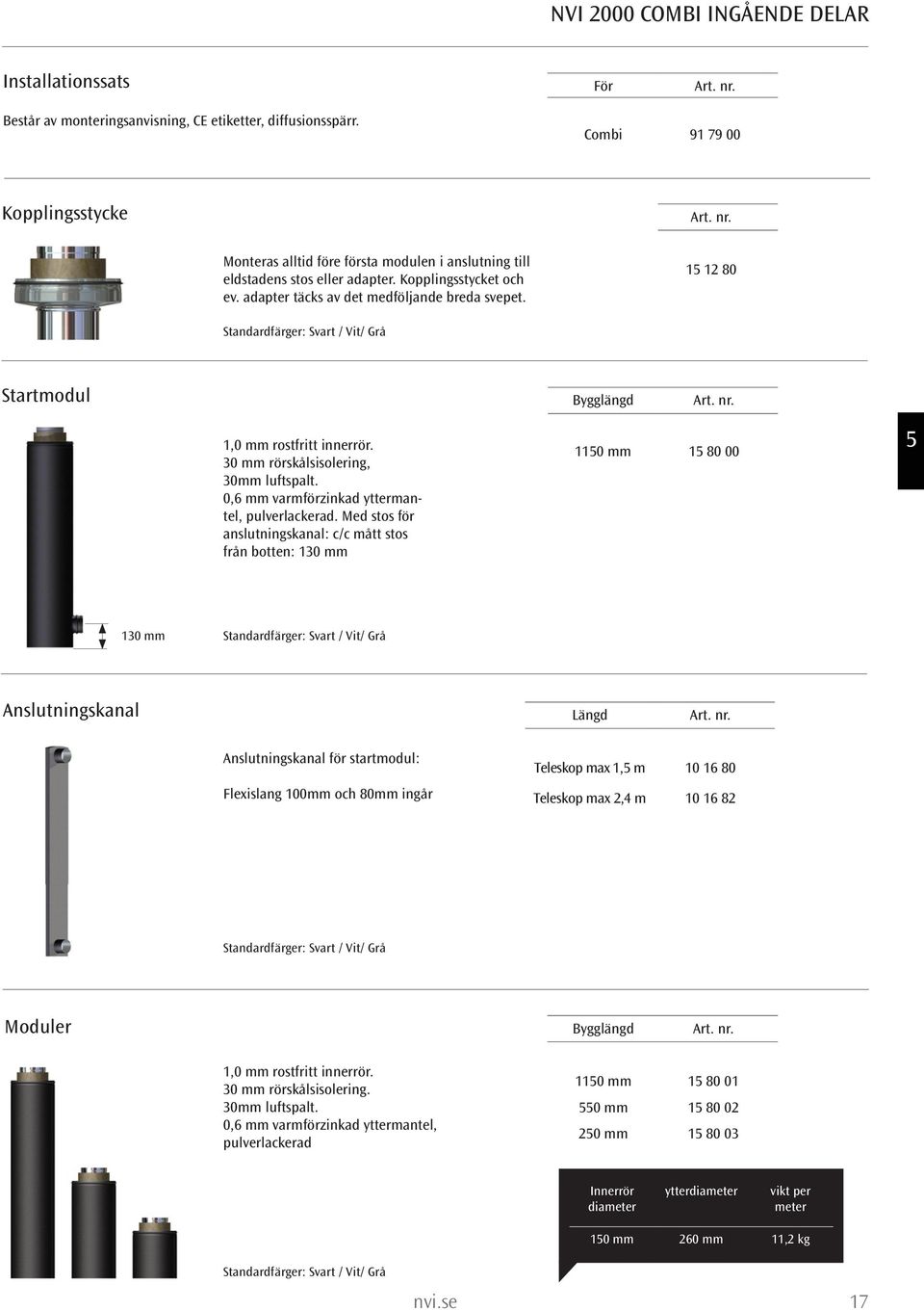 0,6 mm varmförzinkad yttermantel, pulverlackerad. Med stos för anslutningskanal: c/c mått stos från botten: 130 mm 1150 mm 15 80 00 1780:- 5 130 mm nslutningskanal Längd rt. nr.