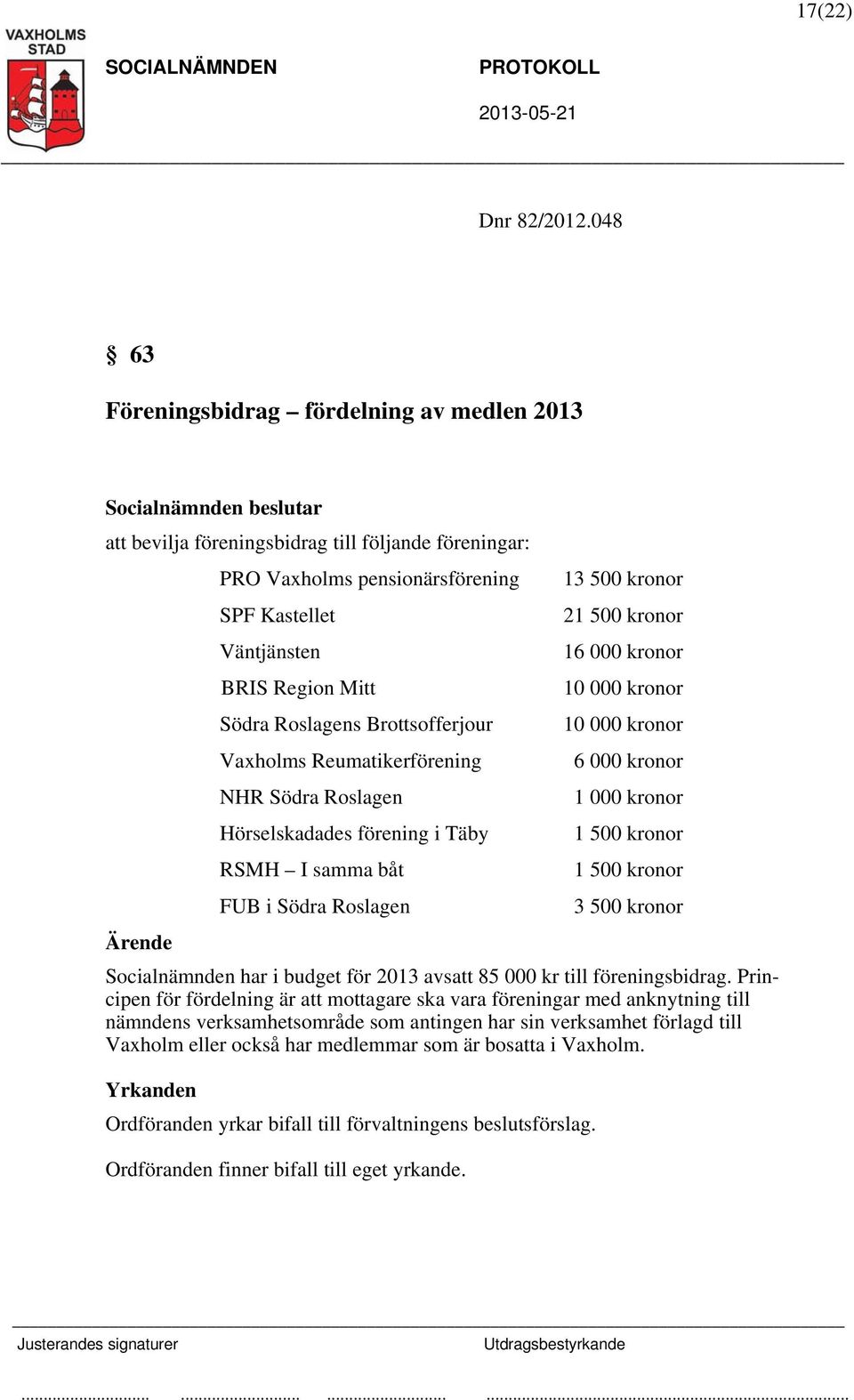 Roslagens Brottsofferjour Vaxholms Reumatikerförening NHR Södra Roslagen Hörselskadades förening i Täby RSMH I samma båt FUB i Södra Roslagen 13 500 kronor 21 500 kronor 16 000 kronor 10 000