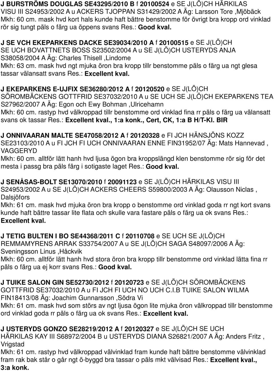 J SE VCH EKEPARKENS DACKE SE39034/2010 A f 20100515 e SE J(LÖ)CH SE UCH BOVATTNETS BOSS S23502/2004 A u SE J(LÖ)CH USTERYDS ANJA S38058/2004 A Äg: Charles Thisell,Lindome Mkh: 63 cm.