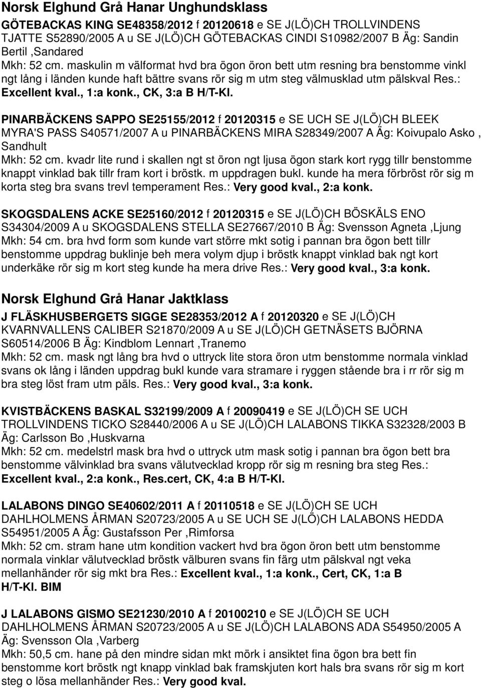 , 1:a konk., CK, 3:a B H/T-Kl. PINARBÄCKENS SAPPO SE25155/2012 f 20120315 e SE UCH SE J(LÖ)CH BLEEK MYRA'S PASS S40571/2007 A u PINARBÄCKENS MIRA S28349/2007 A Äg: Koivupalo Asko, Sandhult Mkh: 52 cm.