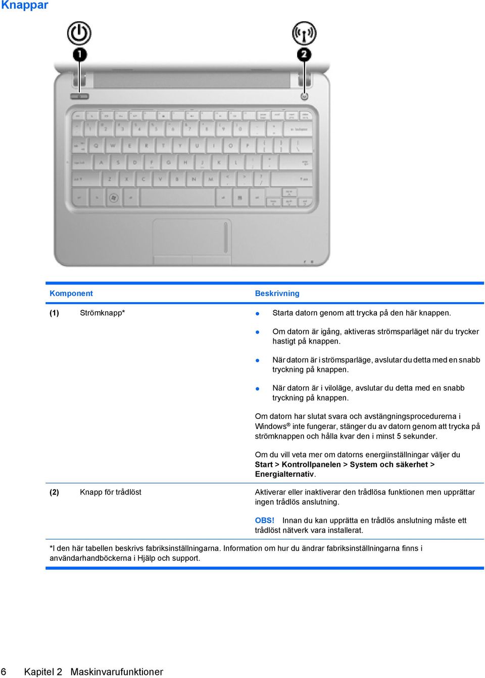 Om datorn har slutat svara och avstängningsprocedurerna i Windows inte fungerar, stänger du av datorn genom att trycka på strömknappen och hålla kvar den i minst 5 sekunder.