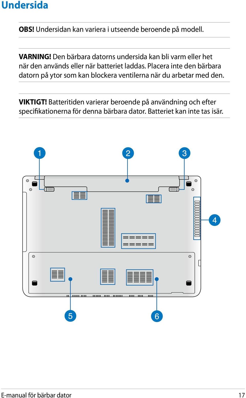 Placera inte den bärbara datorn på ytor som kan blockera ventilerna när du arbetar med den. VIKTIGT!