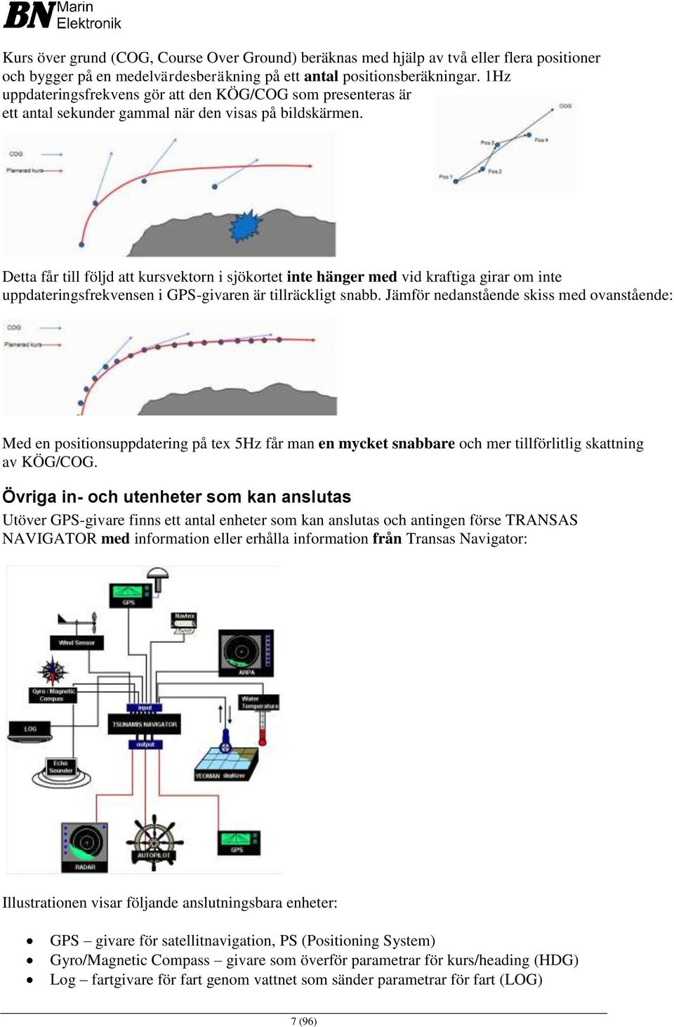 Detta får till följd att kursvektorn i sjökortet inte hänger med vid kraftiga girar om inte uppdateringsfrekvensen i GPS-givaren är tillräckligt snabb.