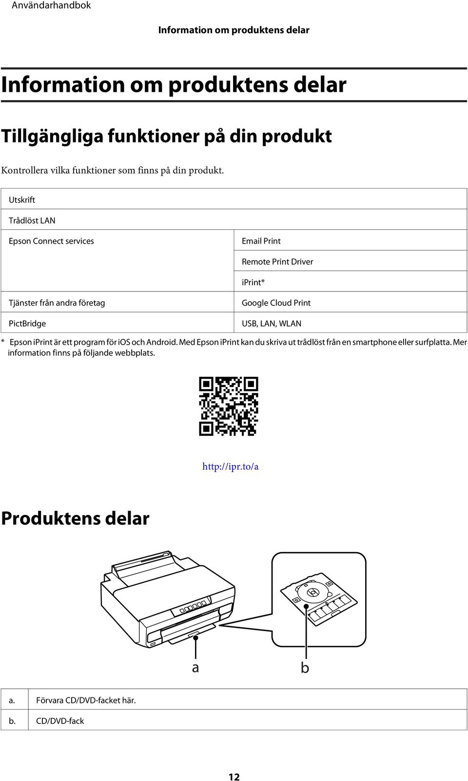 Utskrift Trådlöst LAN Epson Connect services Email Print Remote Print Driver iprint* Tjänster från andra företag PictBridge Google Cloud Print