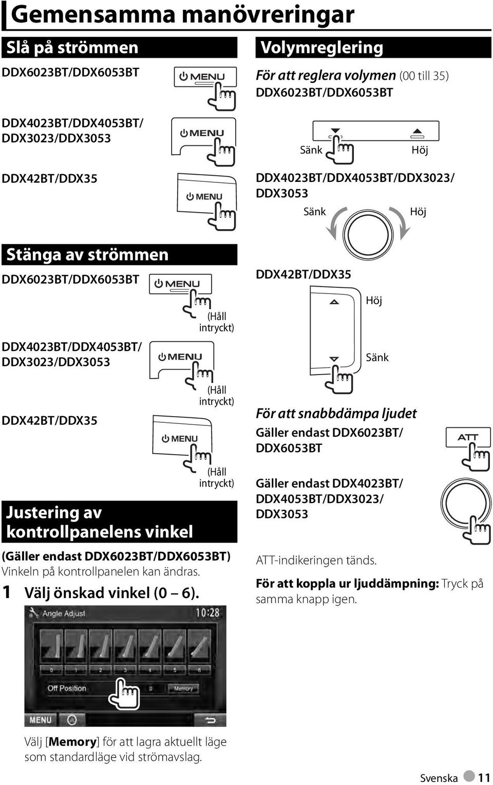 snabbdämpa ljudet Gäller endast DDX6023BT/ DDX6053BT (Håll intryckt) Justering av kontrollpanelens vinkel (Gäller endast DDX6023BT/DDX6053BT) Vinkeln på kontrollpanelen kan ändras.