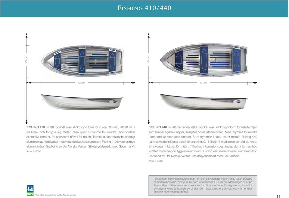 Fishing 410 levereras med aluminiumåror. Godkänd av Det Norske Veritas. Stöldskyddsmärkt med Securmark*. Art.