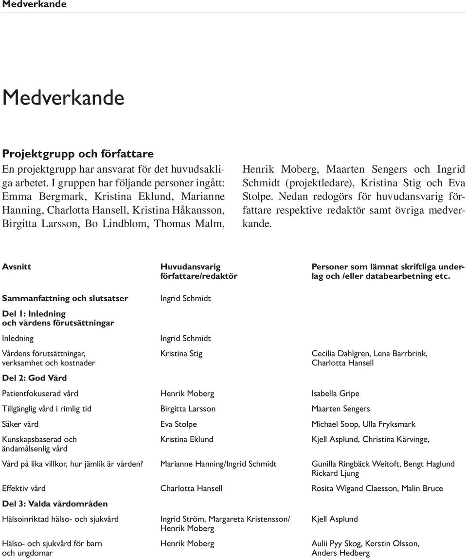 Sengers och Ingrid Schmidt (projektledare), Kristina Stig och Eva Stolpe. Nedan redogörs för huvudansvarig författare respektive redaktör samt övriga medverkande.