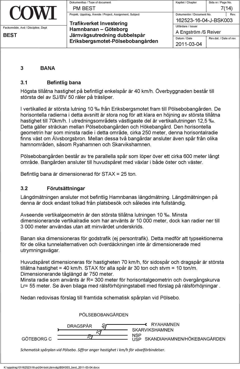 dat. / Date of rev. 3 BANA 3.1 Befintlig bana Högsta tillåtna hastighet på befintligt enkelspår är 40 km/h. Överbyggnaden består till största del av SJ/BV 50 räler på träsliper.